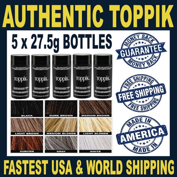 5 BOTTLES of TOPPIK 27.5g Hair Fibers, All Colors, 100% Authentic, Free Shipping - Picture 1 of 13